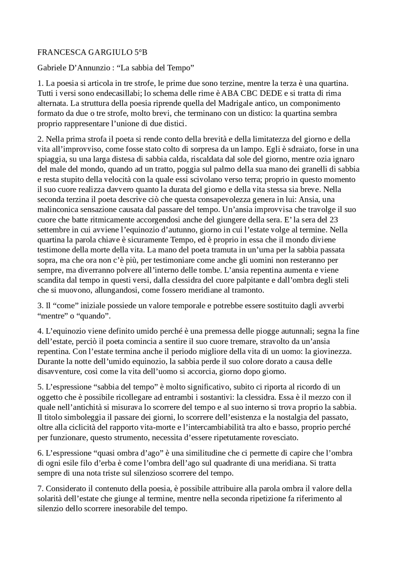 La sabbia del Tempo, Gabriele D'Annunzio Appunti di Italiano Docsity