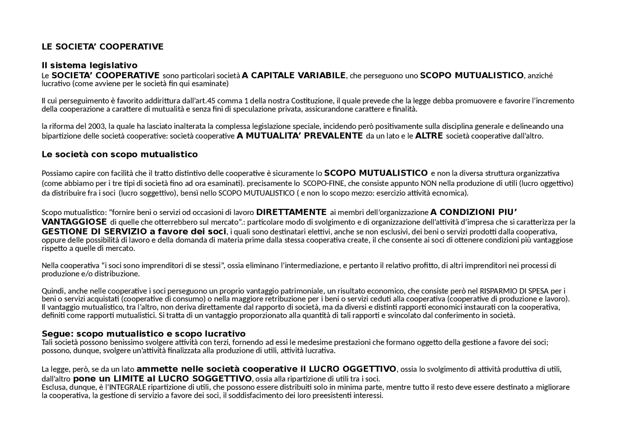 Le Società Cooperative | Sintesi del corso di Diritto Commerciale | Docsity