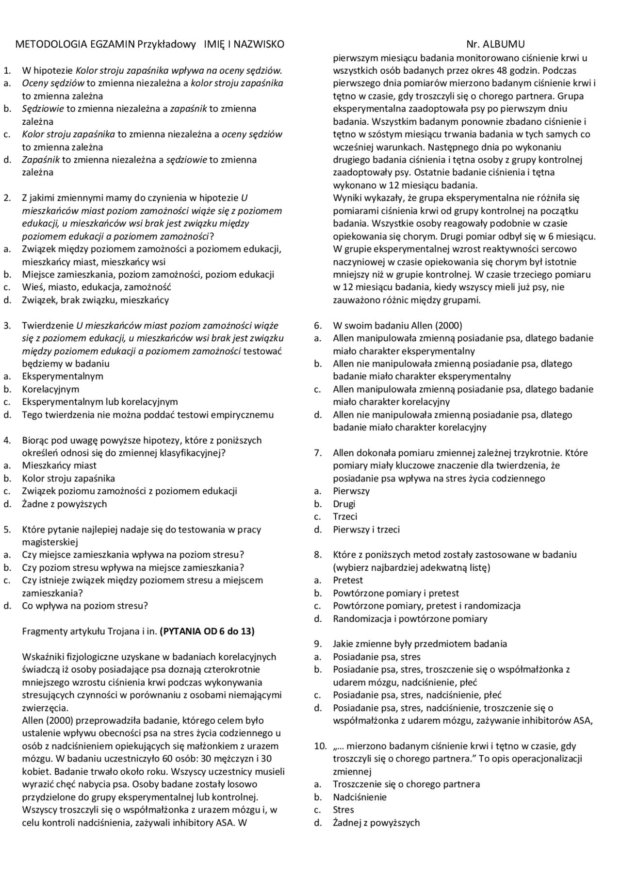 Metodologia badań - przykładowy test wyboru | Egzaminy Metodologia