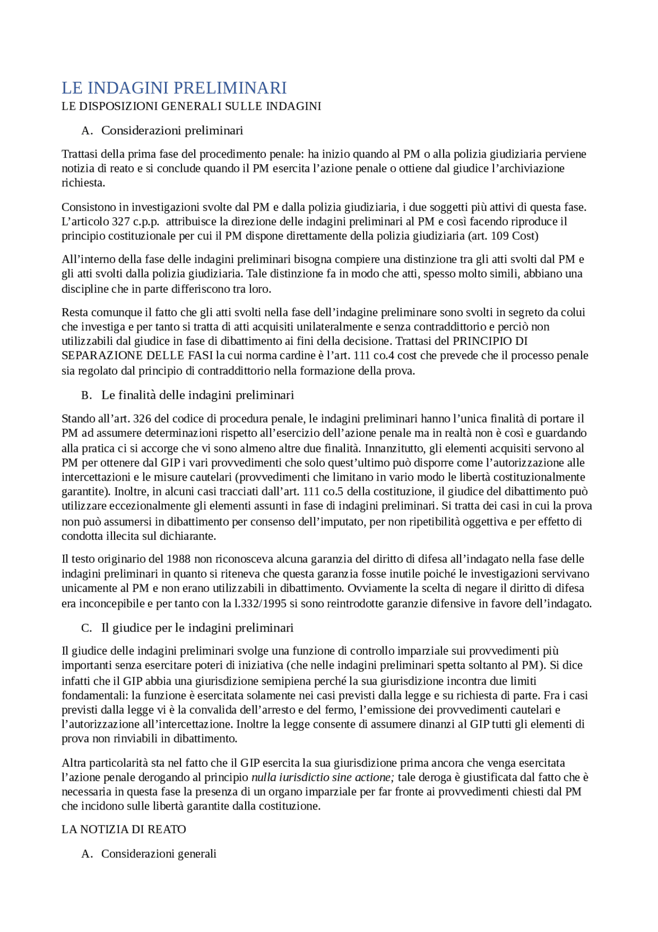 Riassunto indagini preliminari Tonini - Docsity