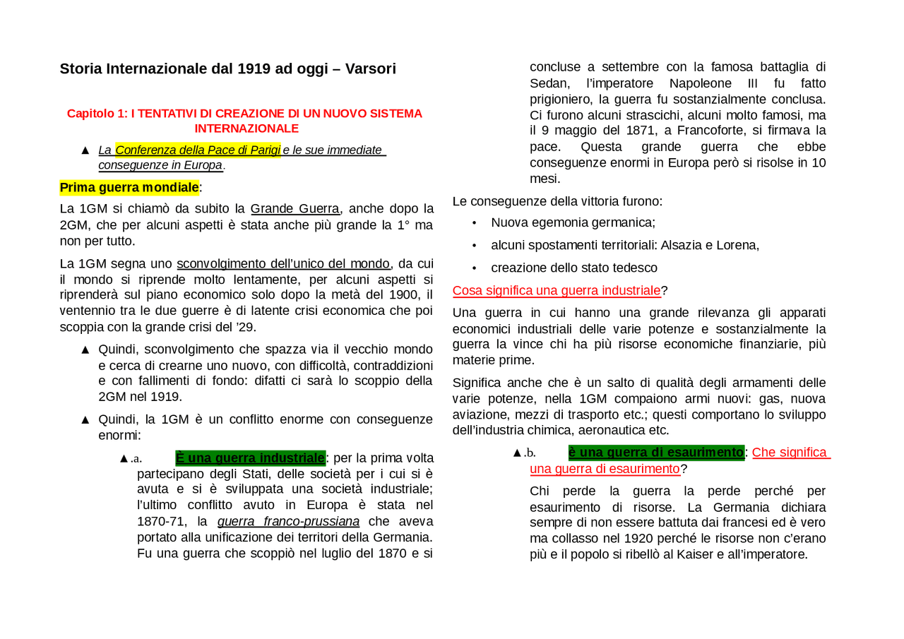 Storia internazionale dal 1919 ad oggi - Docsity