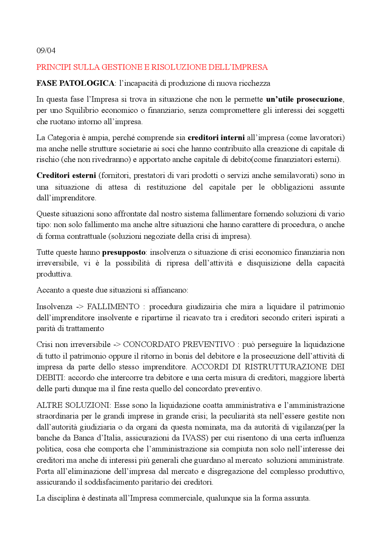 IL FALLIMENTO, PROCEDURE FALLIMENTARI - Docsity