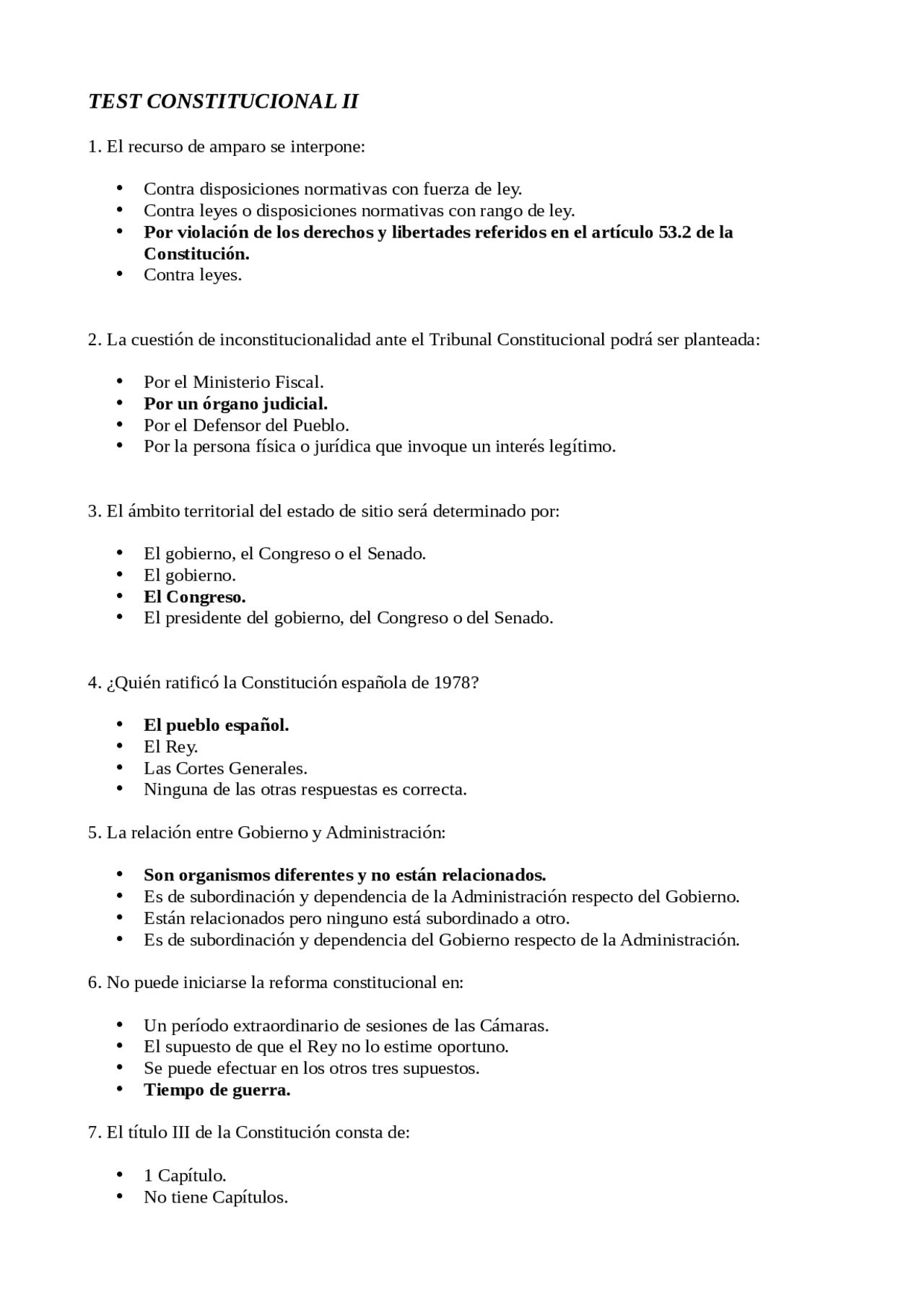 Test constitucional | Exámenes de Derecho Constitucional | Docsity