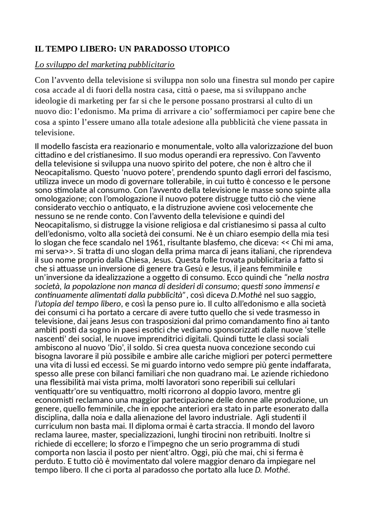 L’utopia del Tempo libero Prove d'esame di Letteratura Italiana Docsity L’utopia del Tempo libero Prove d'esame di Letteratura Italiana Docsity