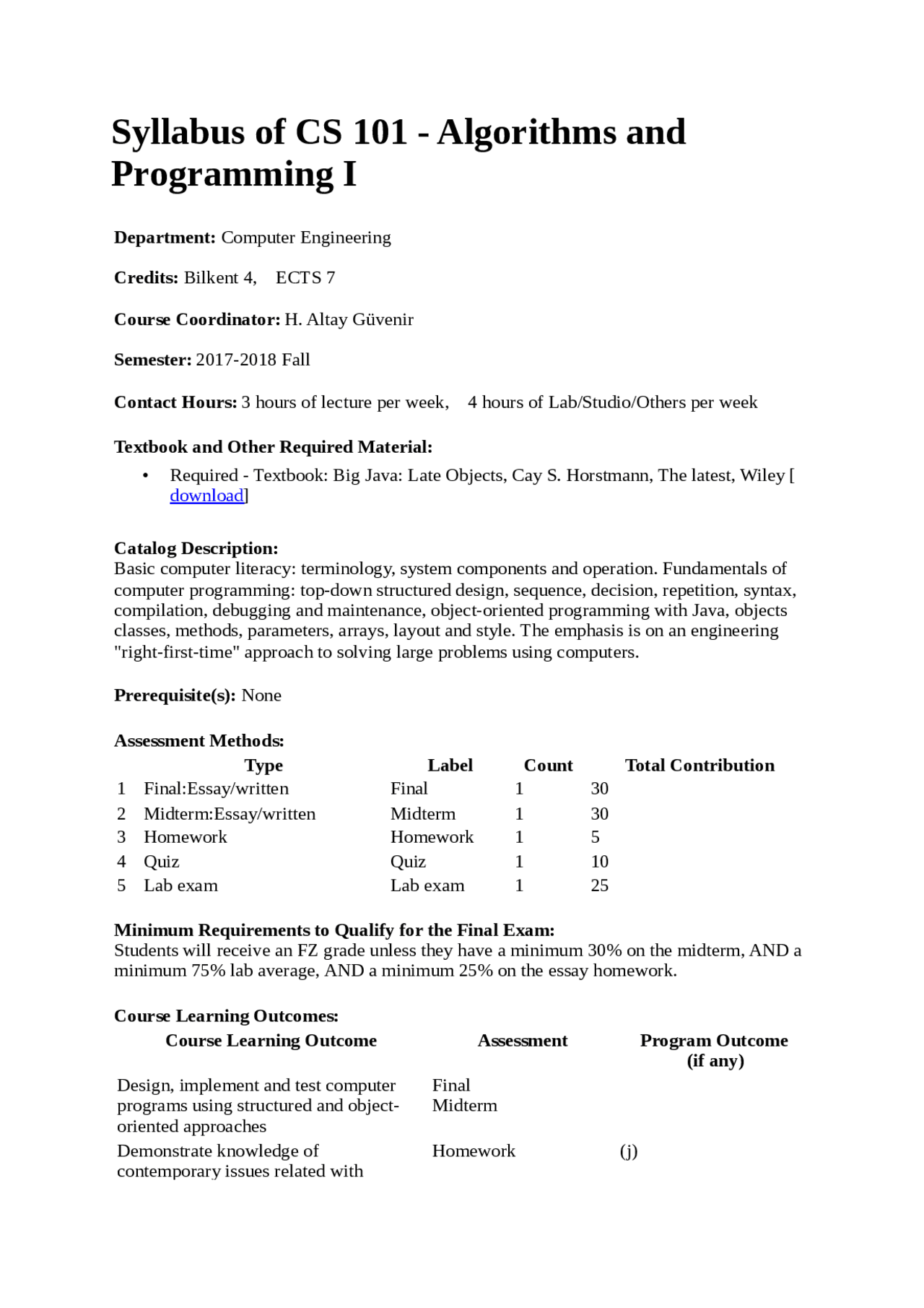 Syllabus of CS 101 class from the best student - Docsity
