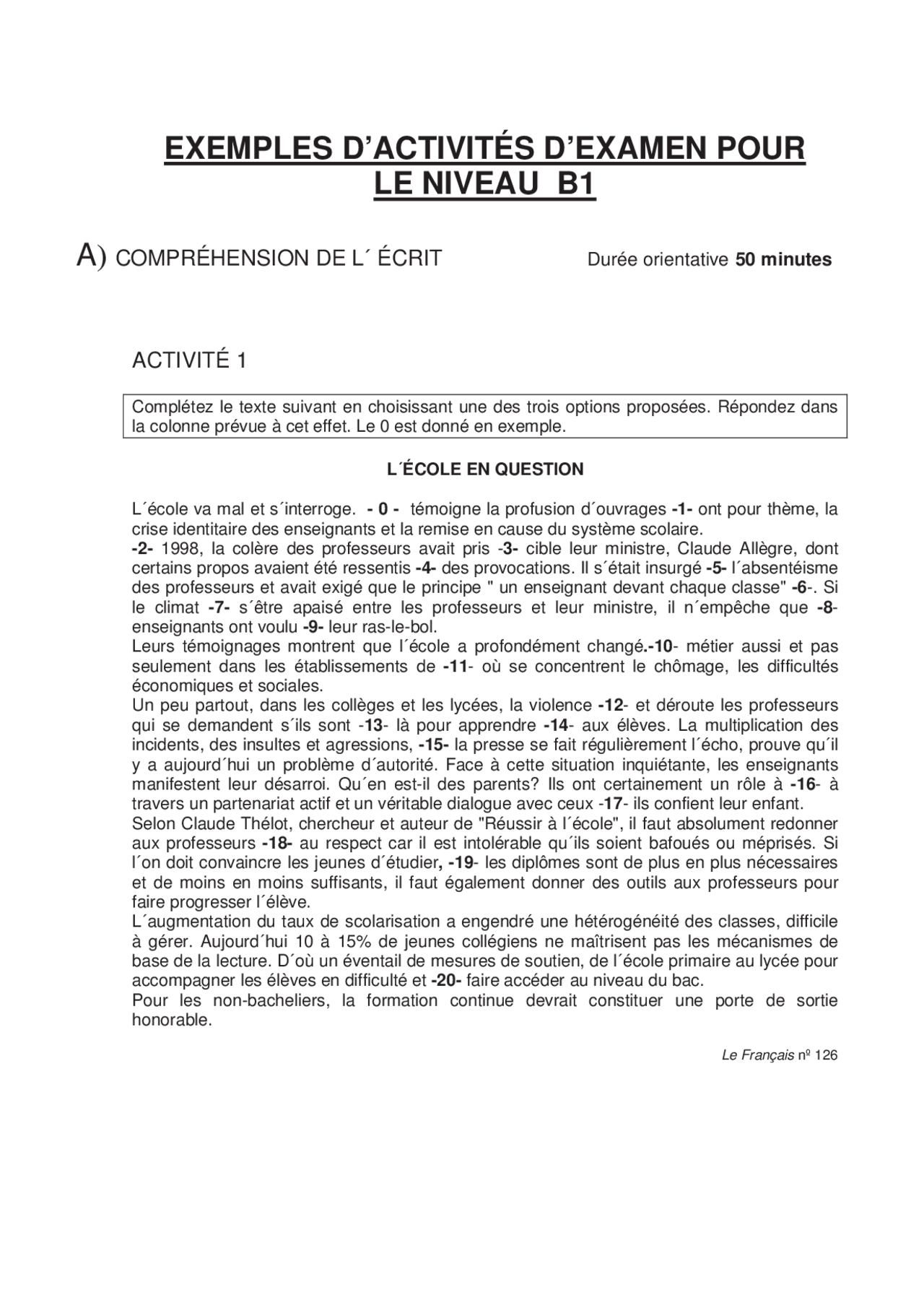 B1 French Text Example Delf B1 Francais Examen – Exemple De Texte Examen B1 – XAXO