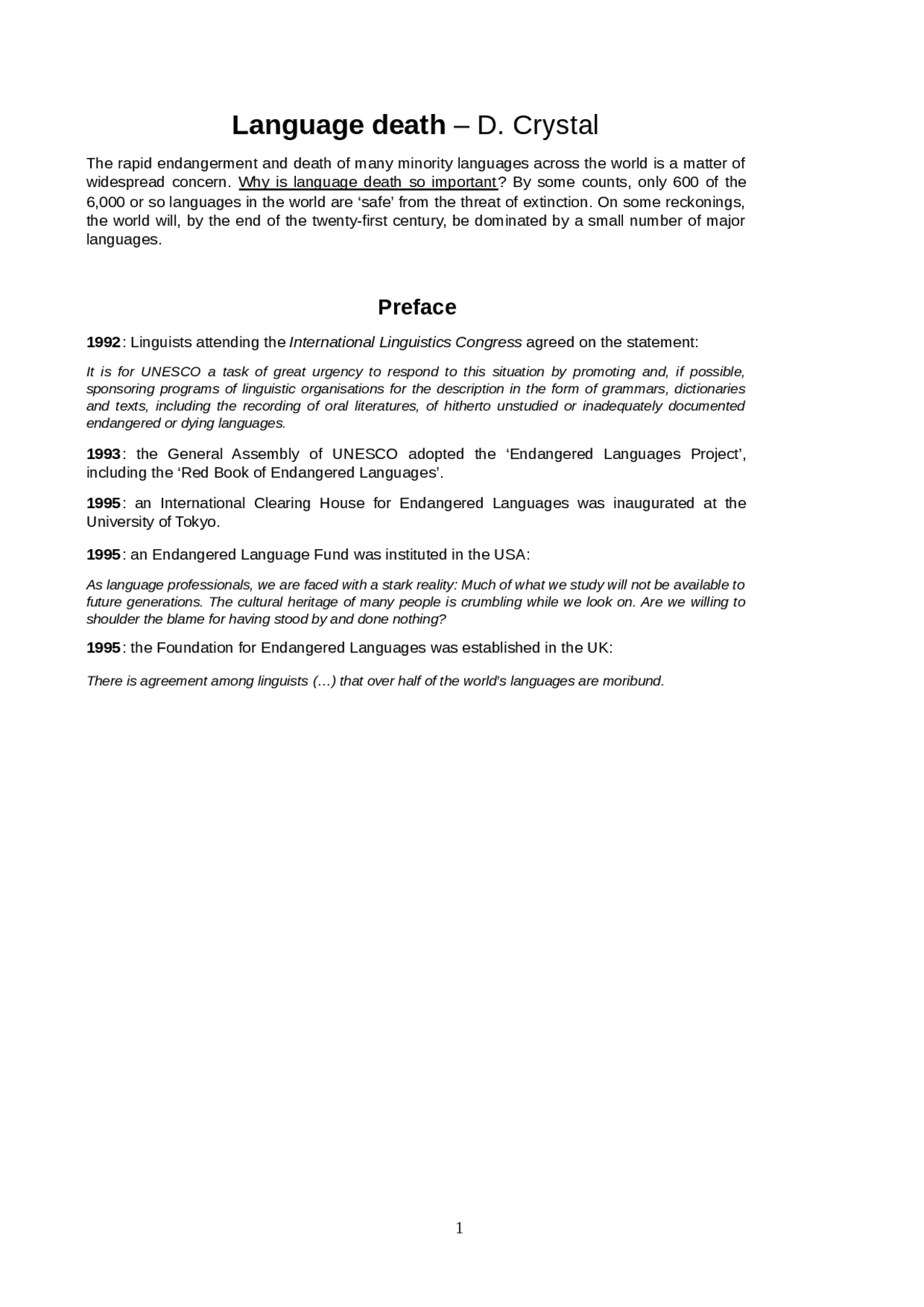 Language death By DAVID CRYSTAL CAMBRIDGE - Docsity