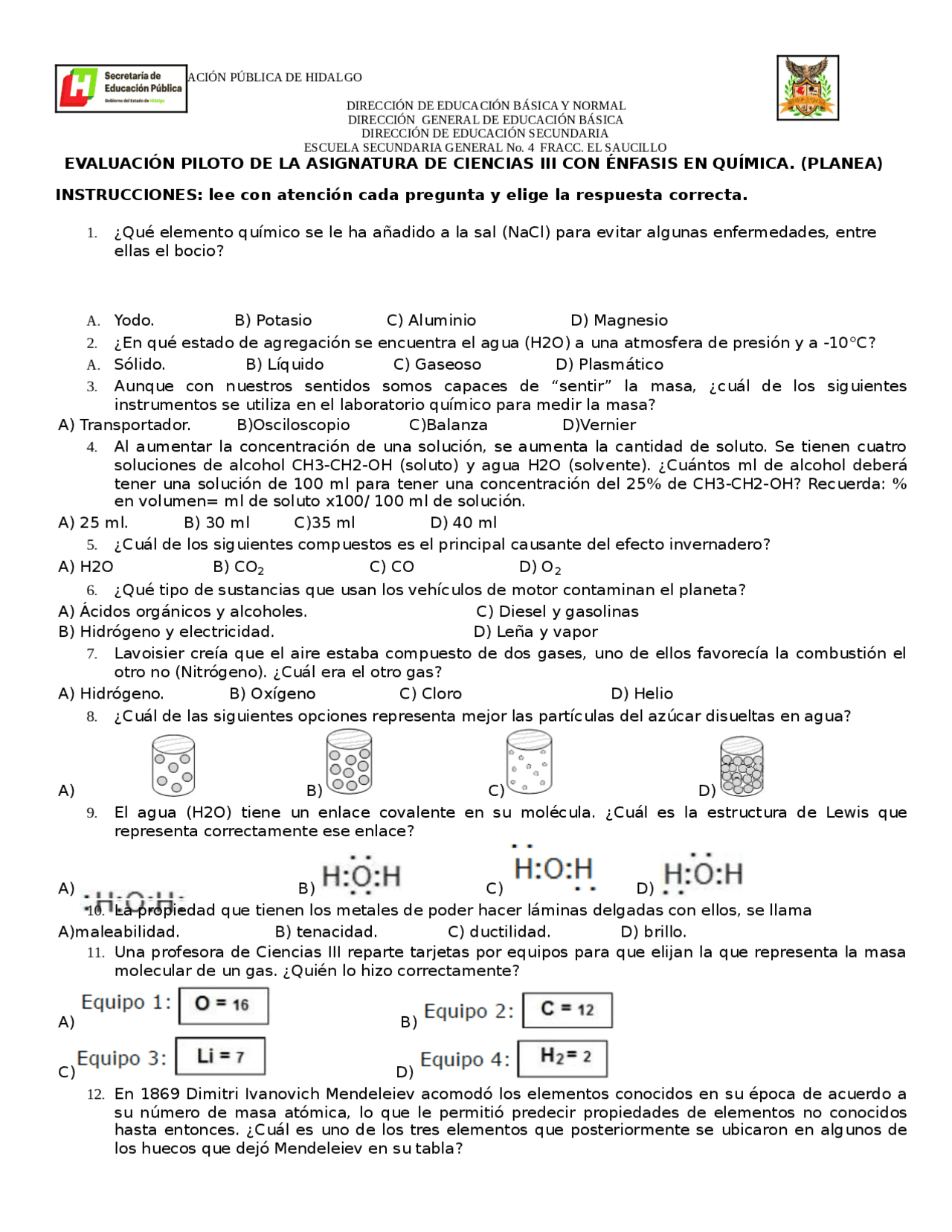 Examen De Historia 1 Secundaria Bloque 3 Examen del área de química para secundaria en méxico - Docsity