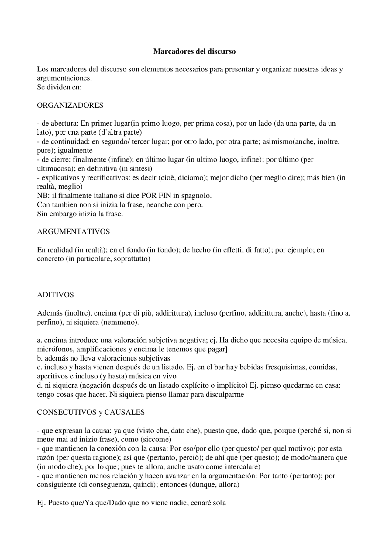 Marcatori del discorso per esame di lingua spagnola docsity
