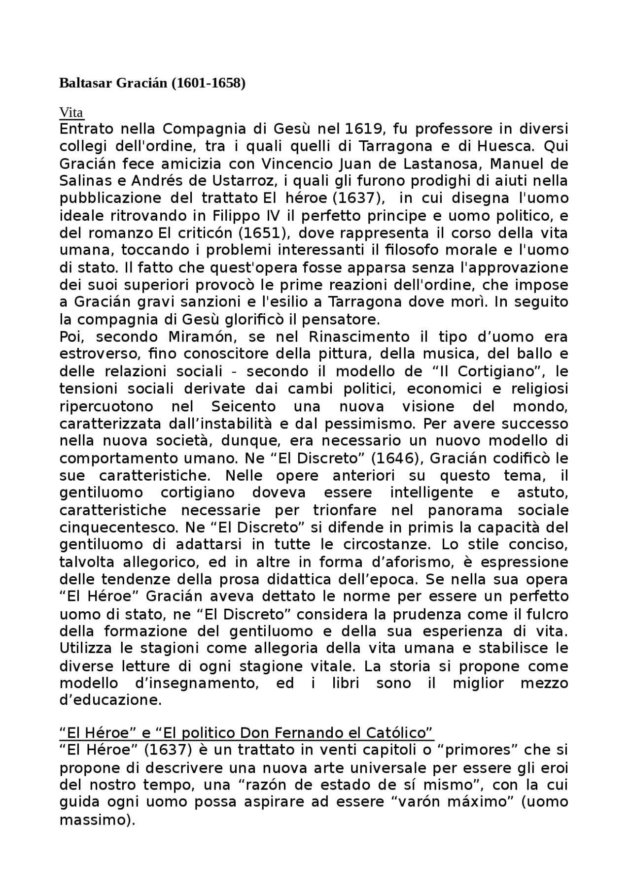 Baltasar Gracian Vita E Opere Docsity