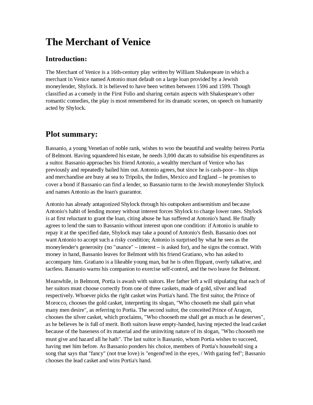 The Merchant of Venice , Plot Summary and Analysis - Docsity