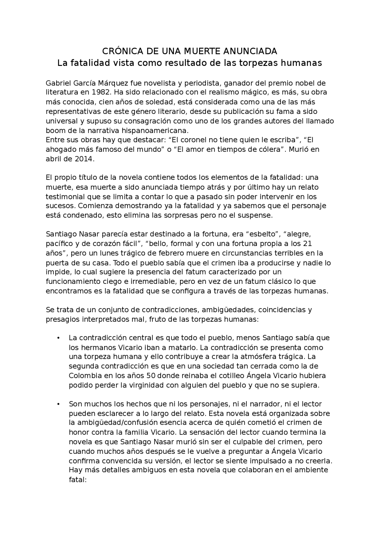 Cronica De Una Muerte Anunciada La Fatalidad Como Resultado De Las Torpezas Humanas Docsity