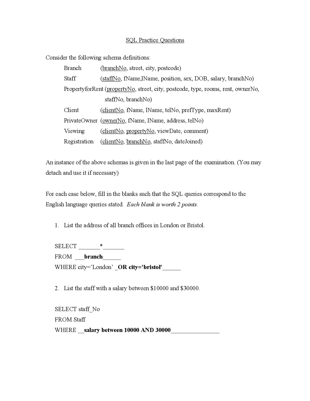 Sample SQL Questions with Answers - Docsity