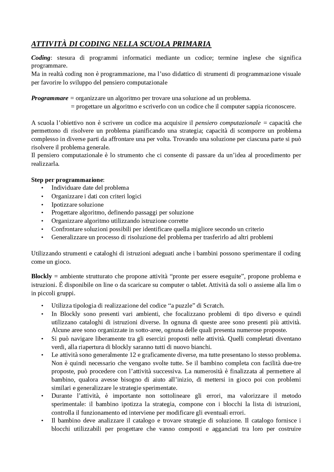 Attività di coding per la scuola primaria - Docsity