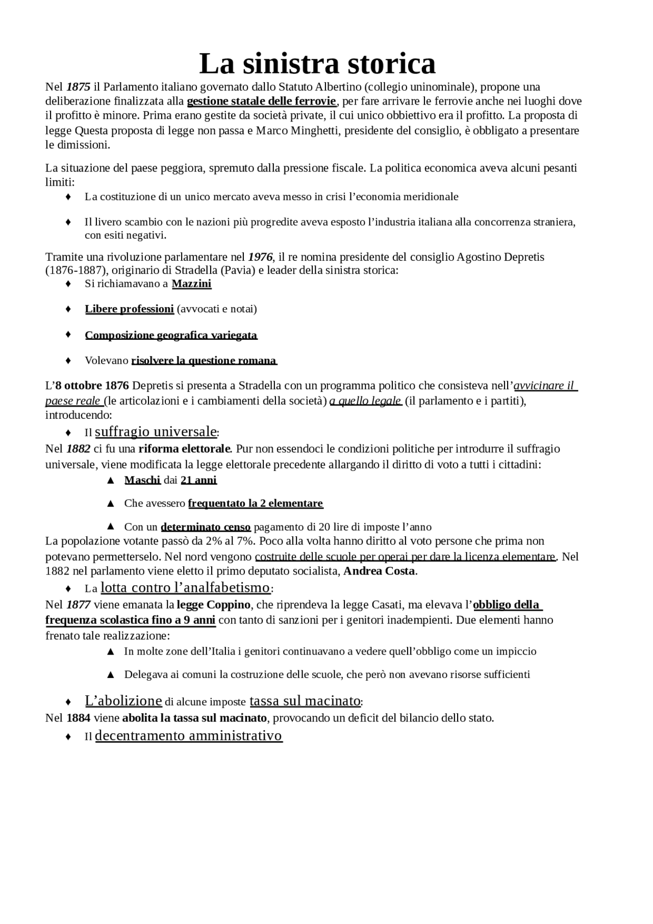 Sinistra storica - storia prof Vittorio Perego - Docsity