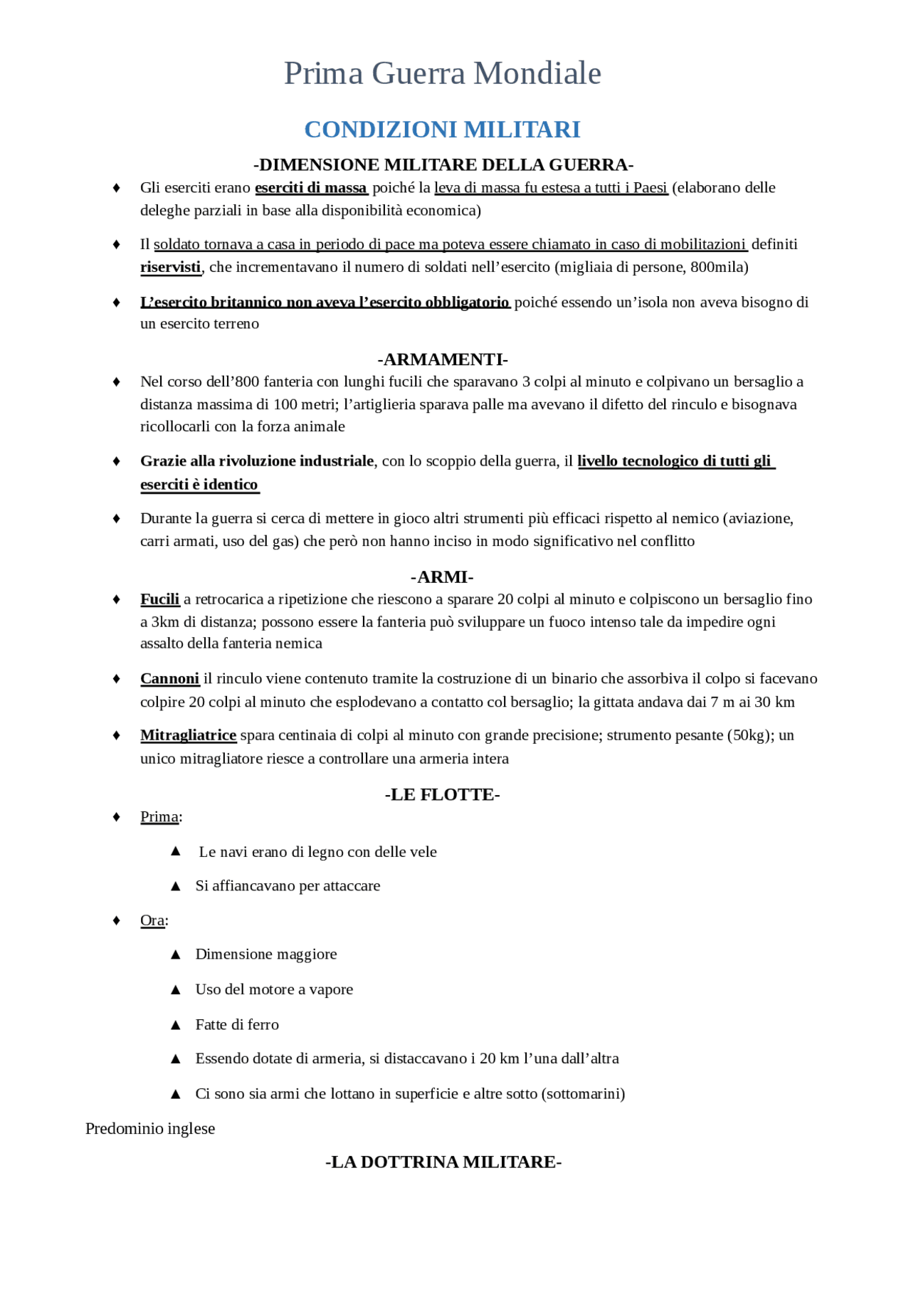 Prima guerra mondiale - storia prof Vittorio Perego - Docsity