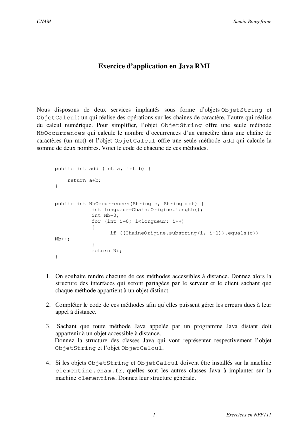 Exercice d’application en Java RMI | Notes Informatique - Docsity