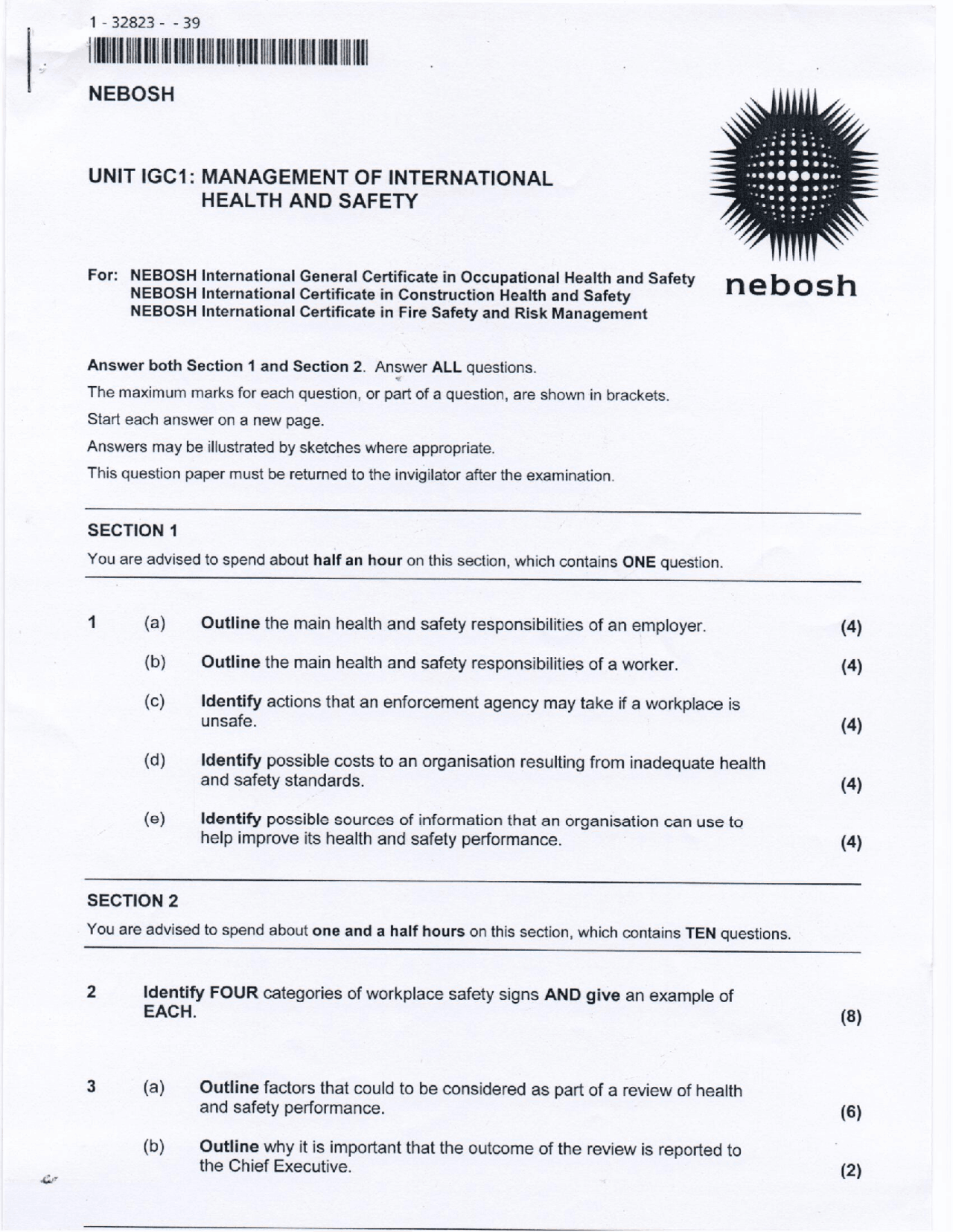 Health and Safety Examination for NIBOSH IGC1 Dated 13 December 2013 ...