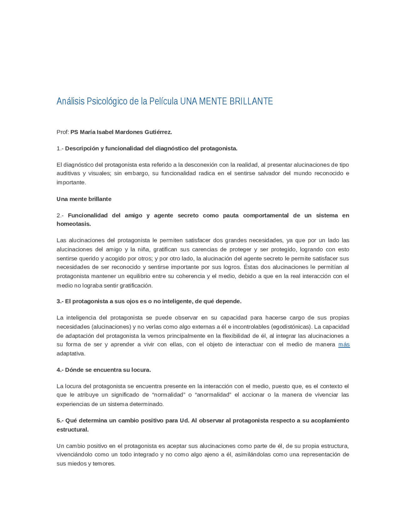 Analisis Psicologico De Pelicula Una Mente Brillante Docsity