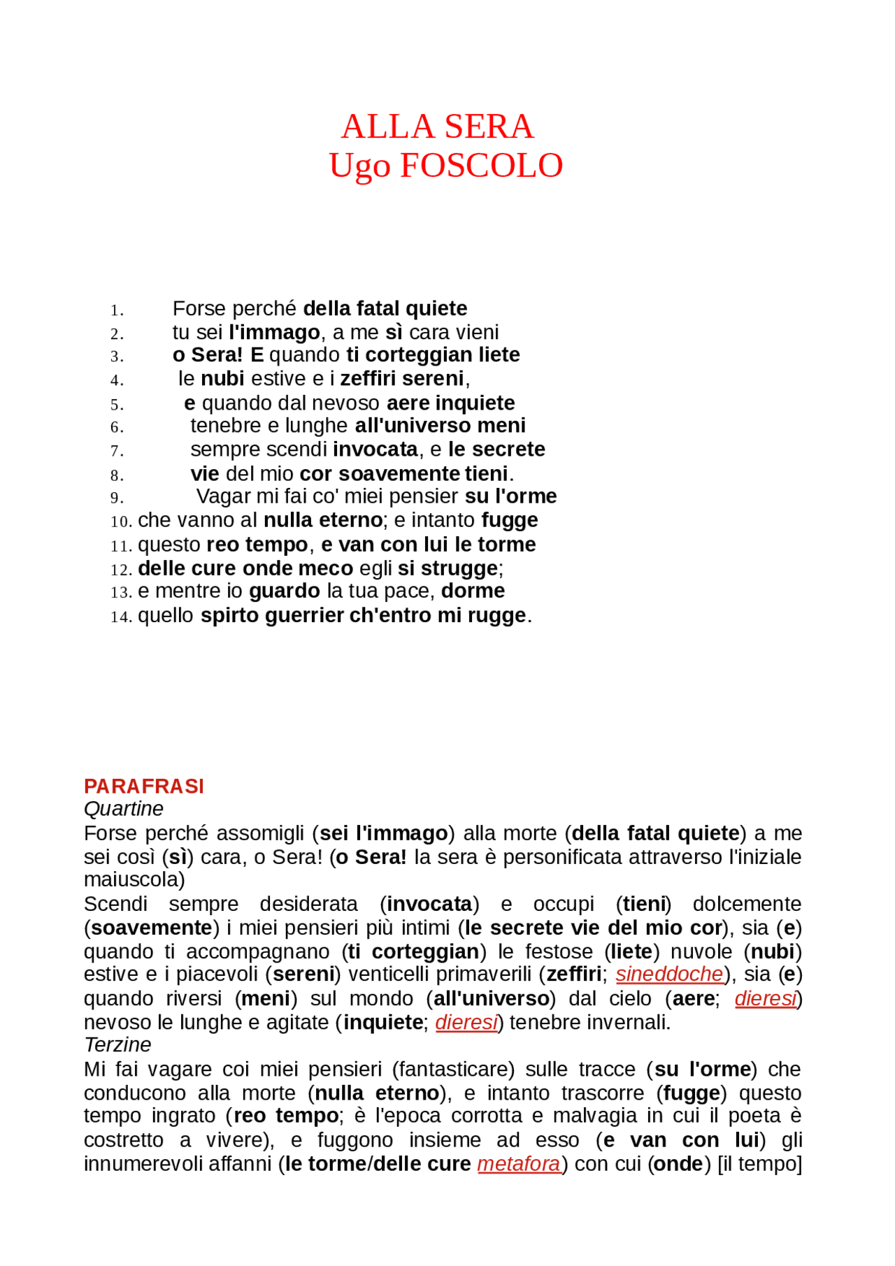 ALLA SERA PARAFRASI di Ugo Foscolo Docsity ALLA SERA PARAFRASI di Ugo Foscolo Docsity
