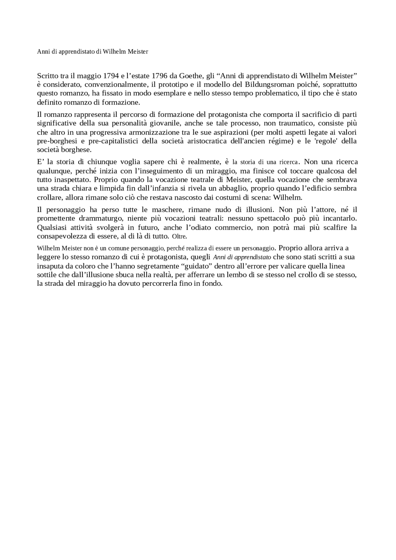 Anni di apprendistato di Wilhelm Meister, descrizione Docsity