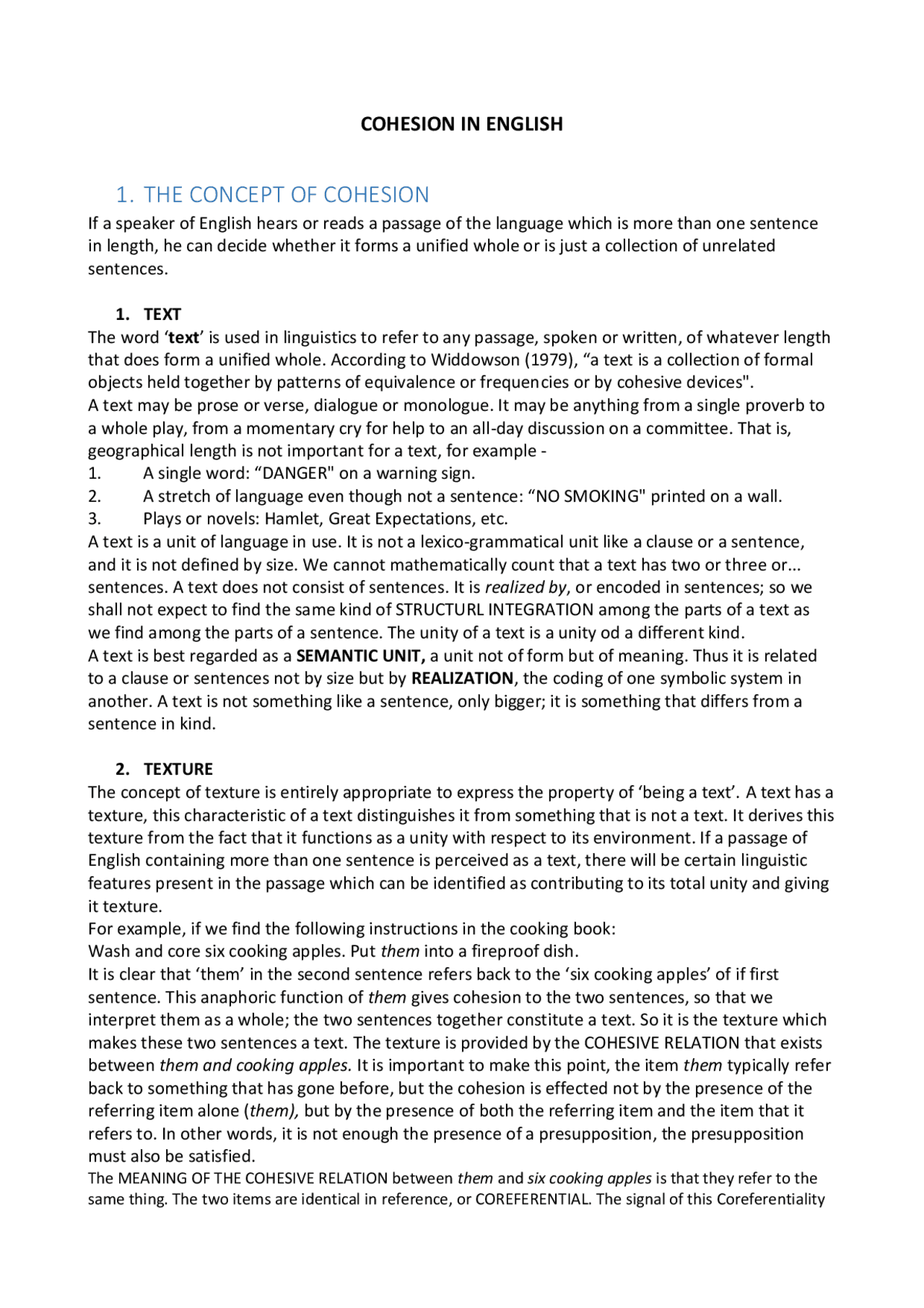 Cohesion in English. Halliday and Hasan Sintesi del corso di Lingua
