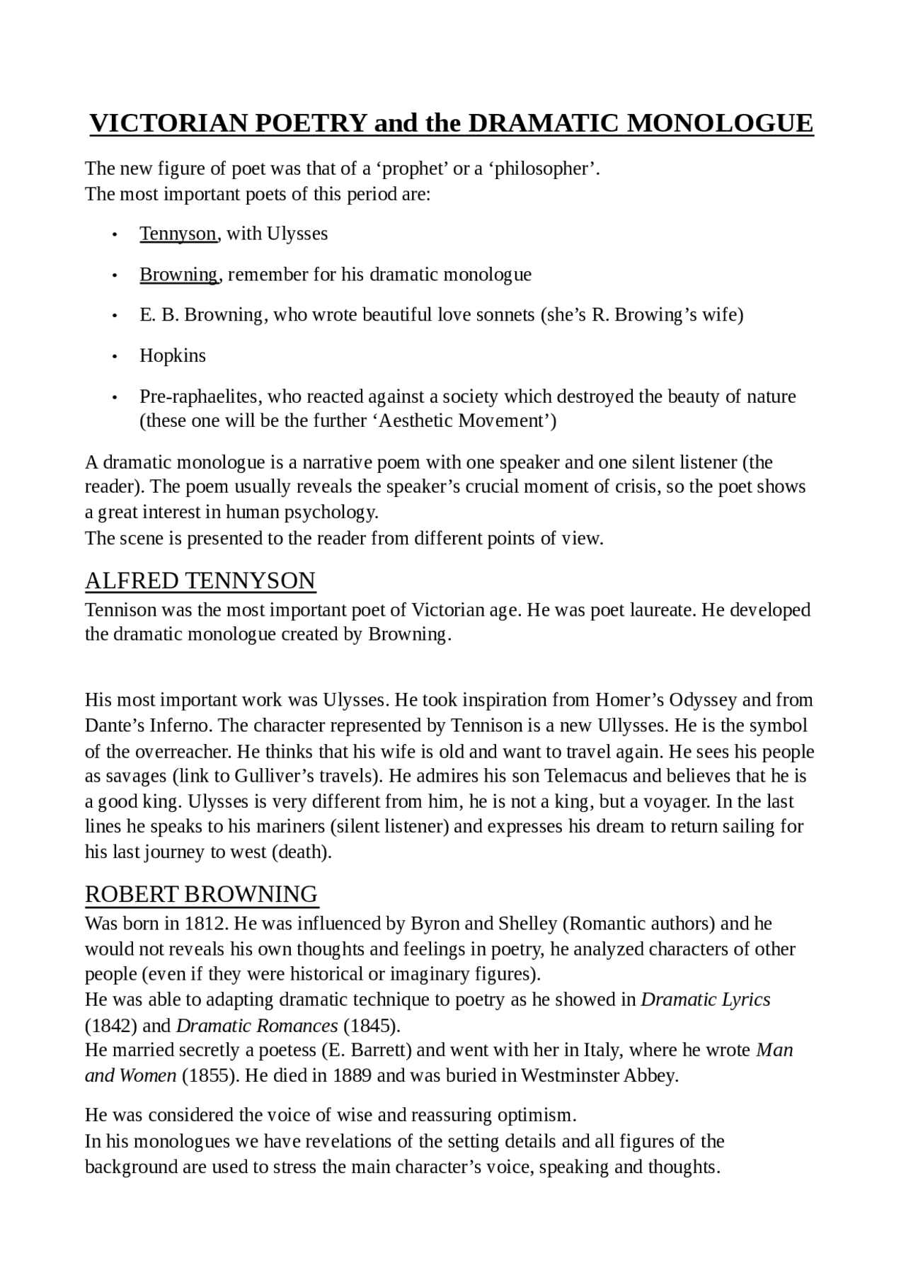 Victorian poetry and dramatic monologue - Docsity
