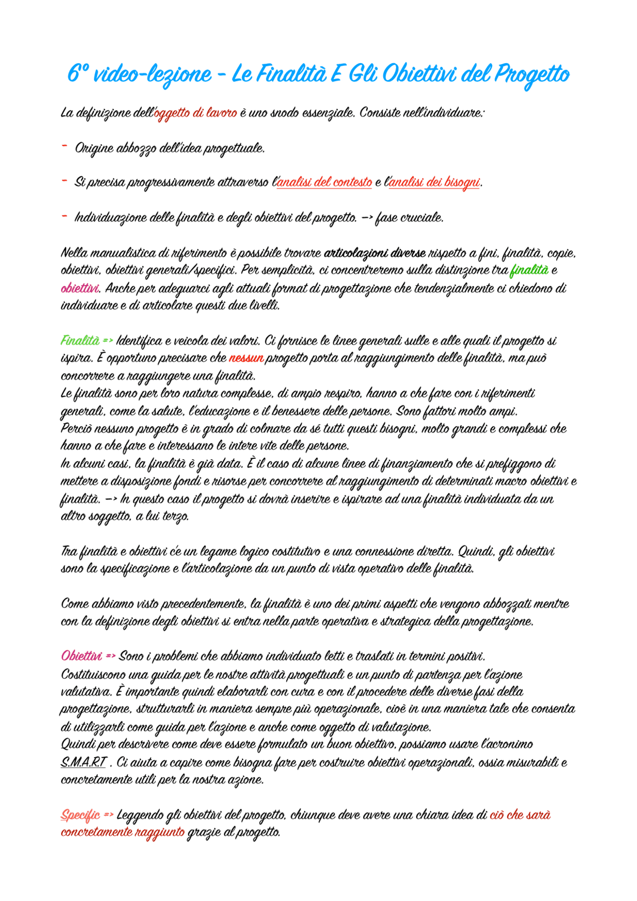 LE FINALITÀ E GLI OBIETTIVI DEL PROGETTO - Docsity