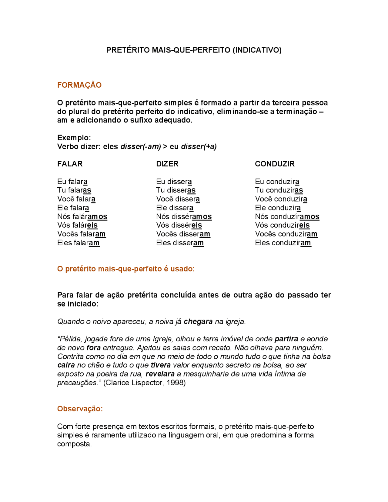 Preterito mais-que-perfeito do indicativo - Docsity