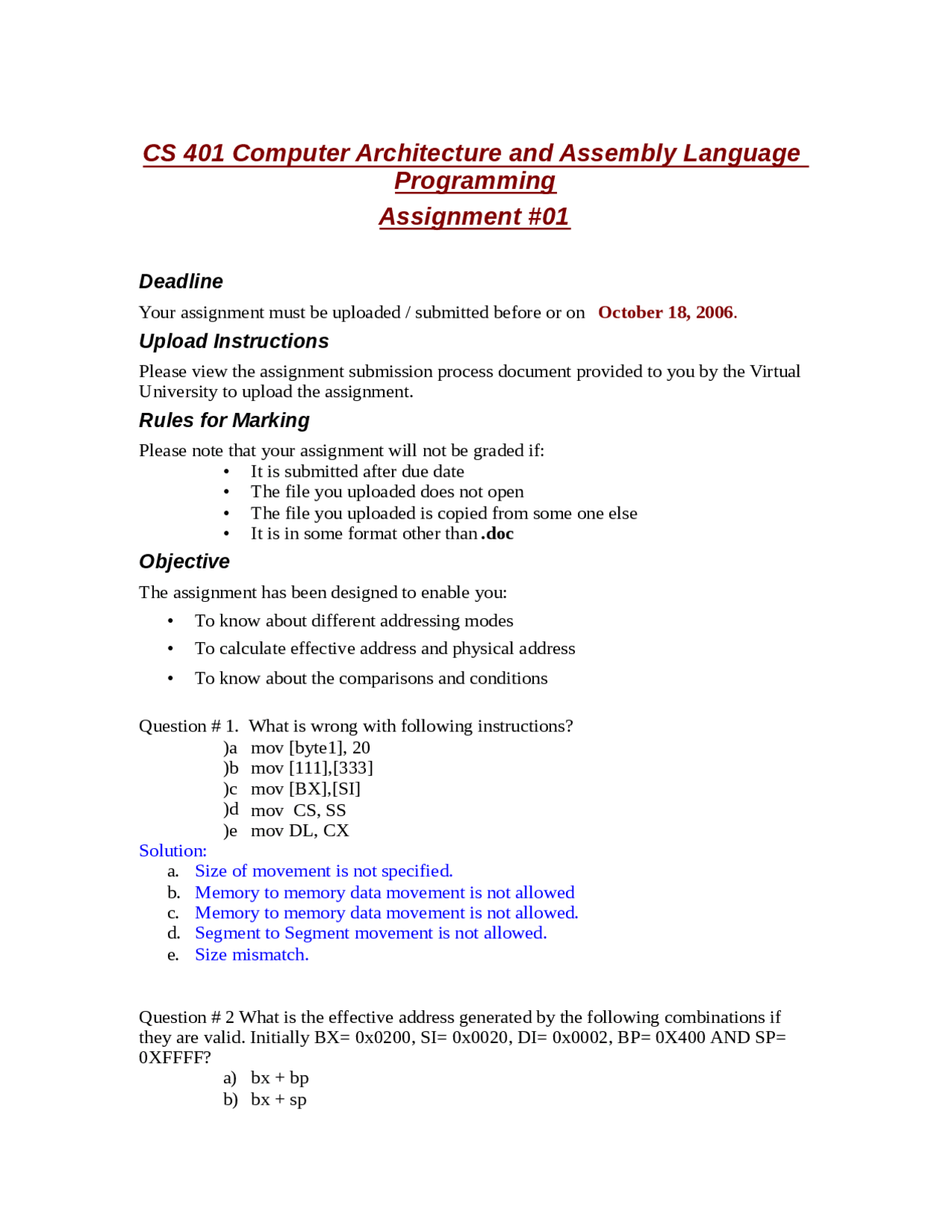 cs401 - cs 401 algorithms assignment1 due Images... CS 401 Computer Architecture and Assembly Language Programming ...