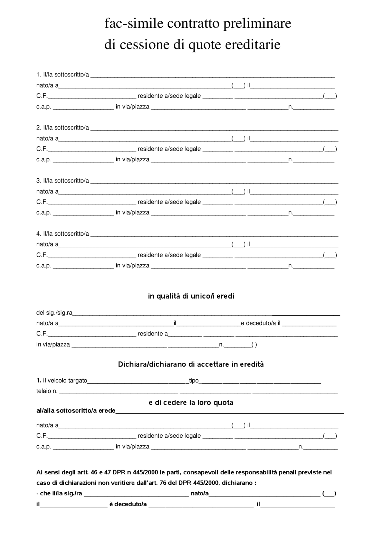 Fac-simile del contratto preliminare di cessione di quote ereditarie ...
