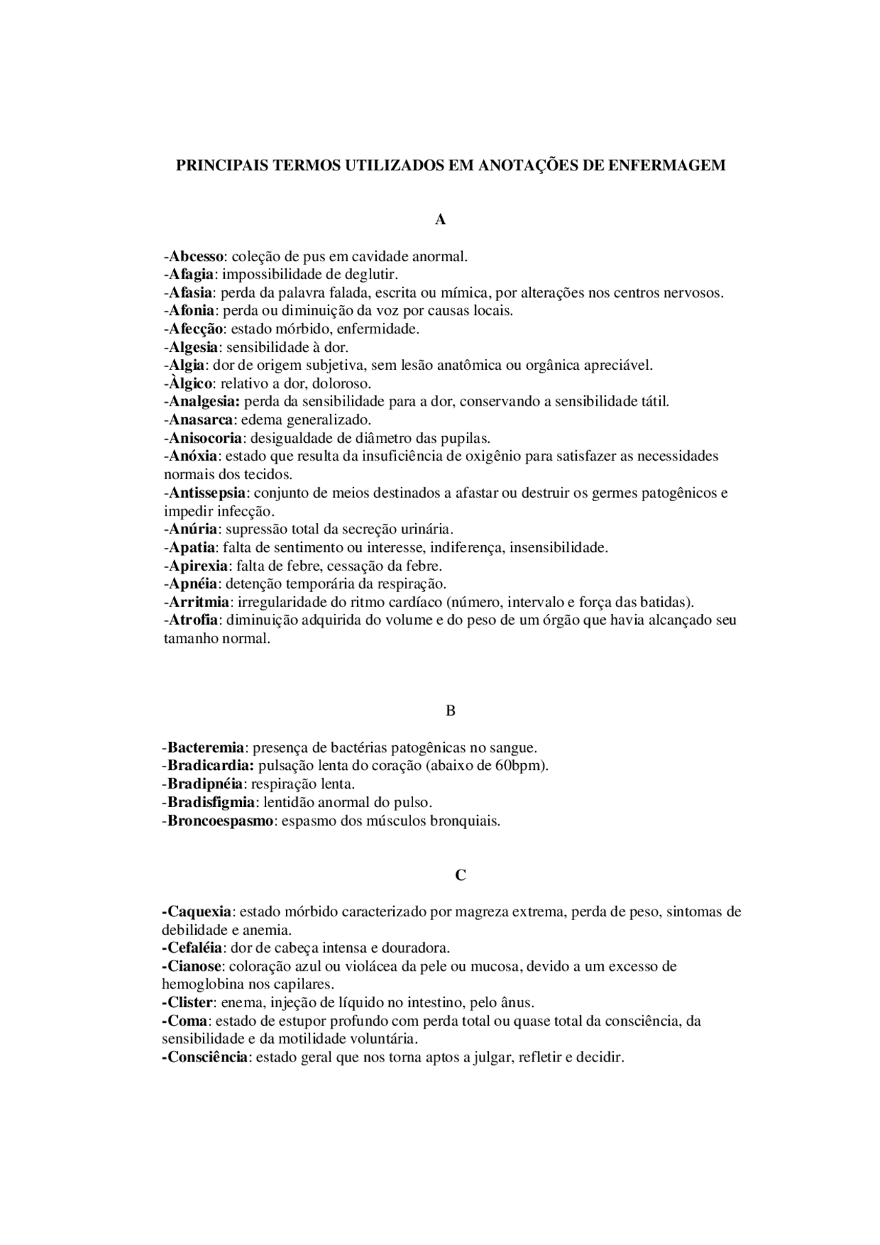 Principais termos da enfermagem - Docsity