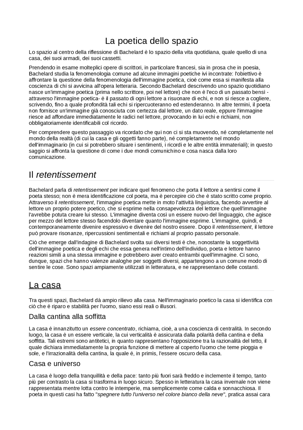 La poetica dello spazio, bachelard - Docsity