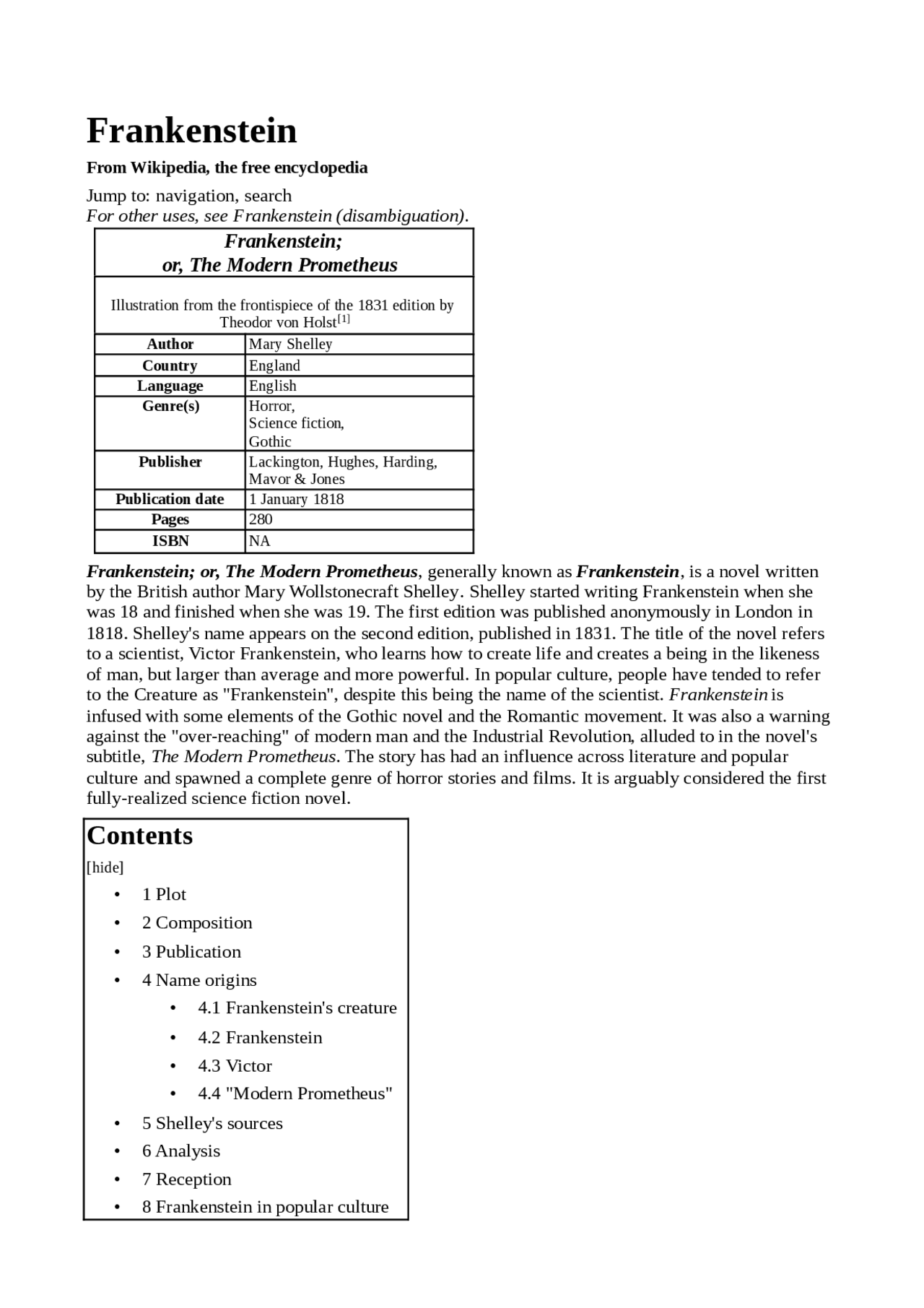 Frankenstein or the modern prometeus - Docsity