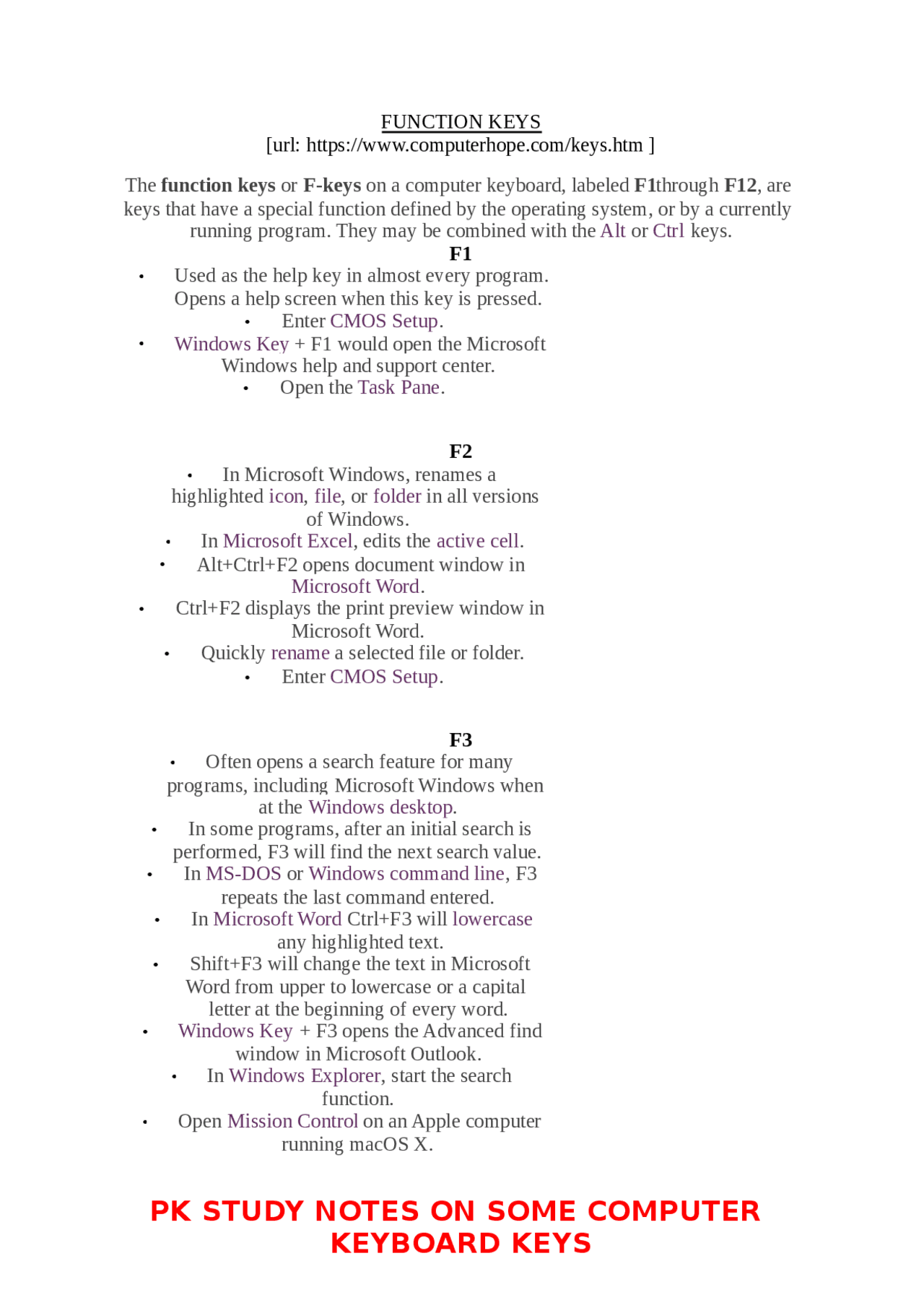Keyboard keys studynotes - Docsity