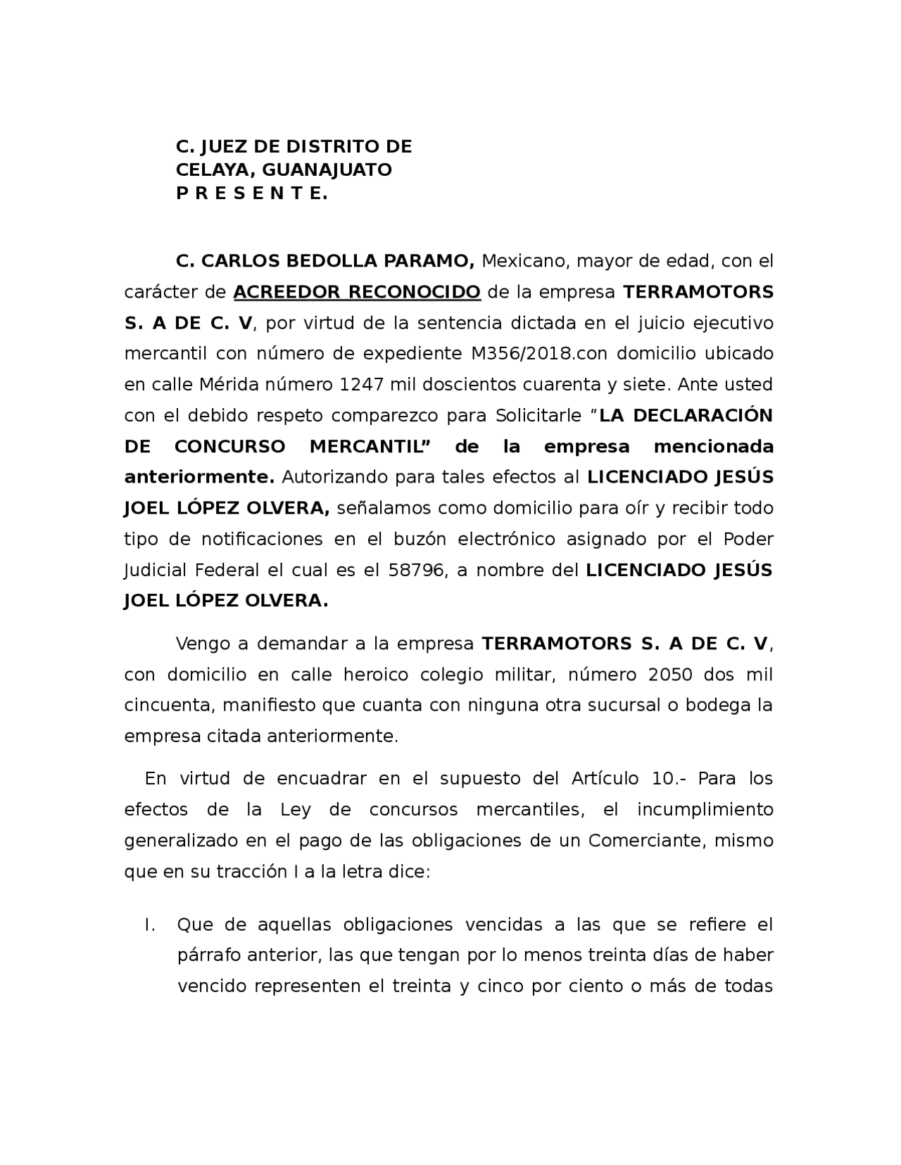 Solicitud De Concurso Mercantil Por Parte De Los Acreedores Docsity