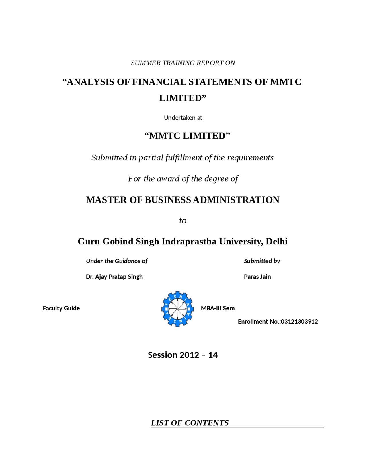 Mmtc Projects Training Report on MMTC | Study Guides, Projects, Research Management ...