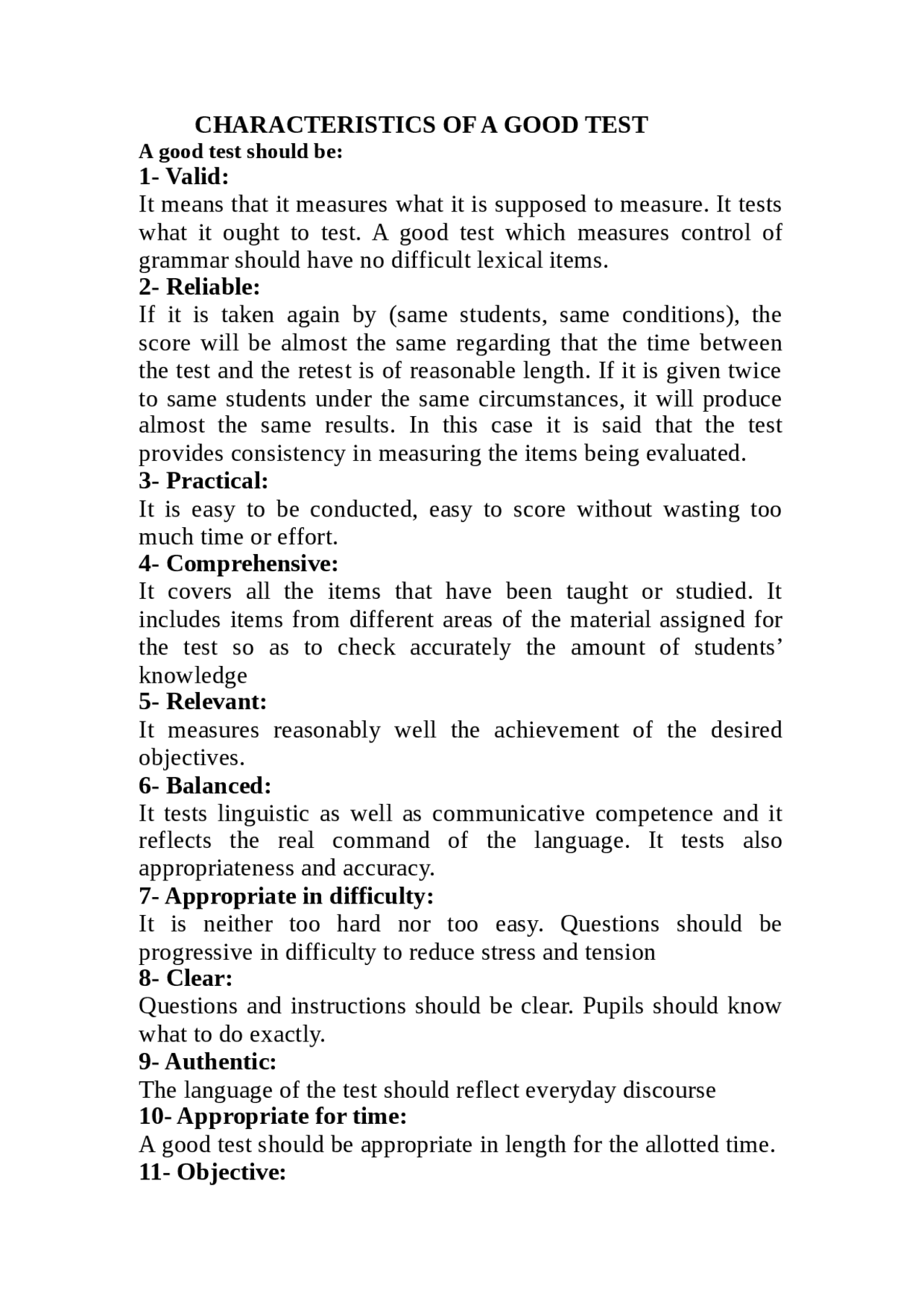 Characteristics of a Good Test | Lecture notes Teaching method | Docsity