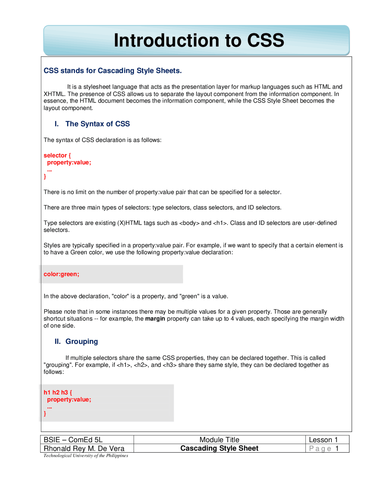 chapter 1: css tutorial - introduction to css - how to... Introduction to CSS for web developing - Docsity