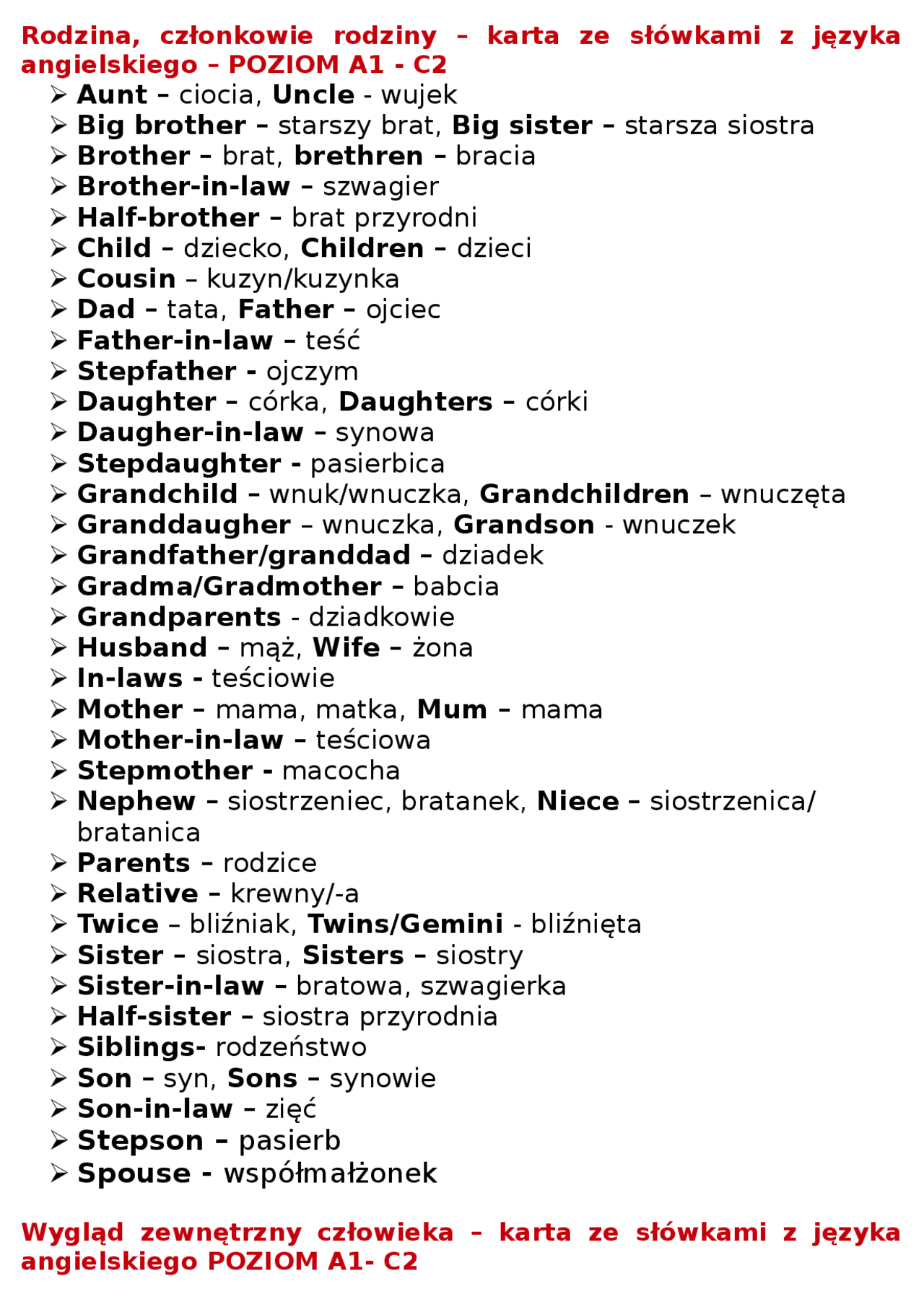 Człowiek - słownictwo Angielski | Notatki Język angielski | Docsity