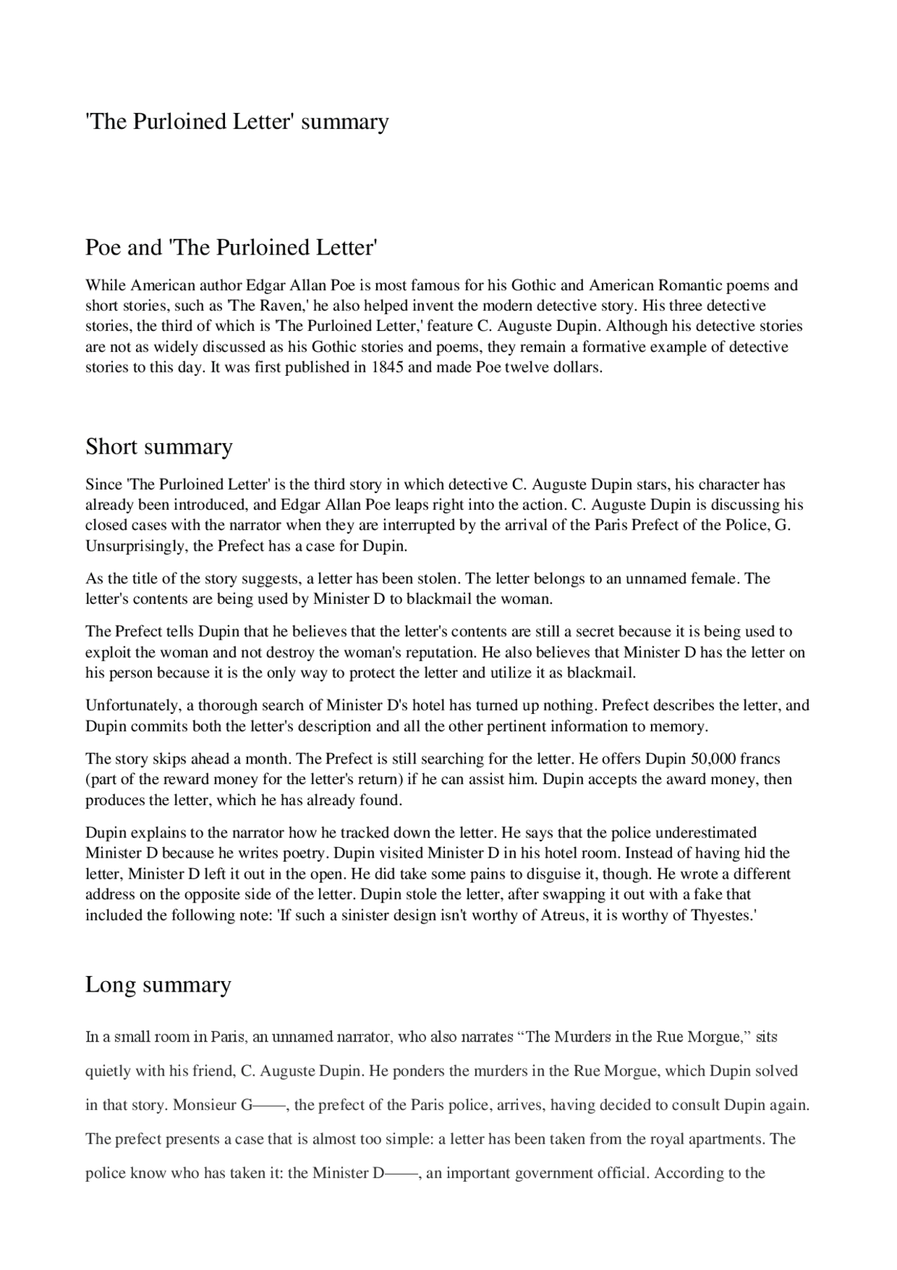 The Purloined Letter Summary Docsity