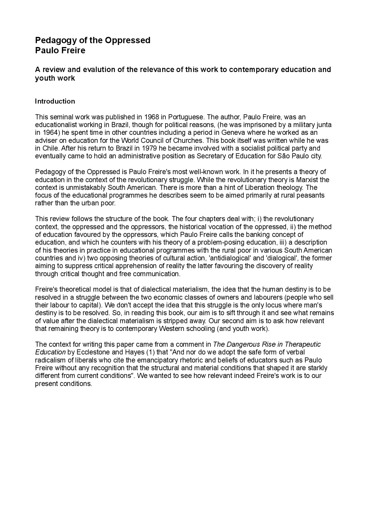 Summary of "Pedagogy of the oppressed" Docsity
