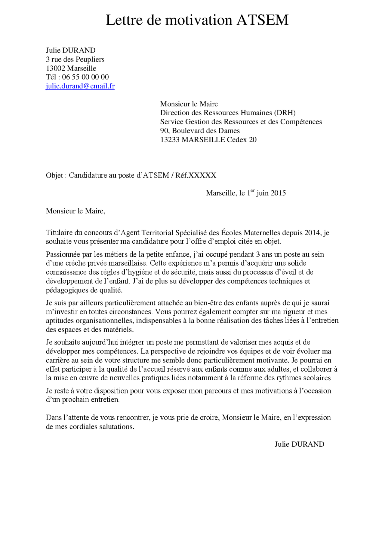 Lettre de motivation ATSEM Guide, Projets, Recherche Communication
