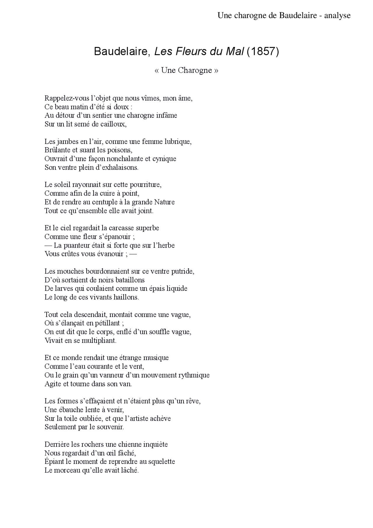une charogne de baudelaire analyse docsity