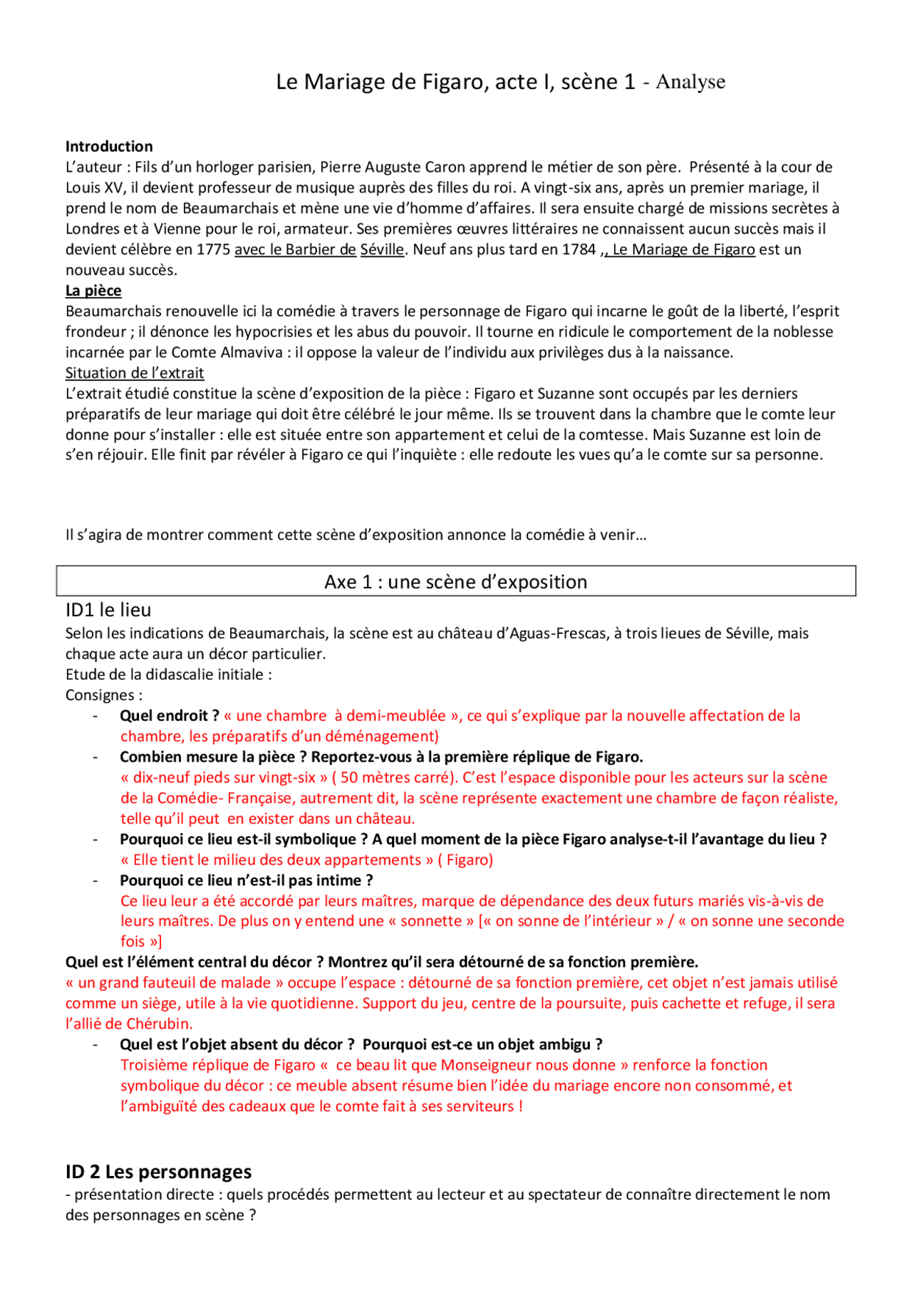 Le Mariage de Figaro, acte I, scène 1 - analyse - Docsity