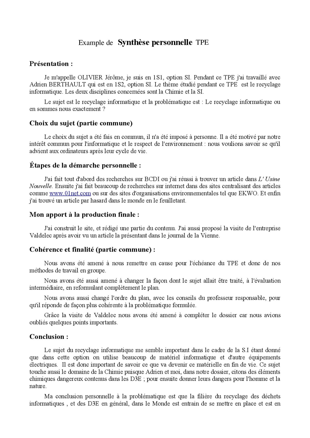 exemple synthese personnelle tpe docsity