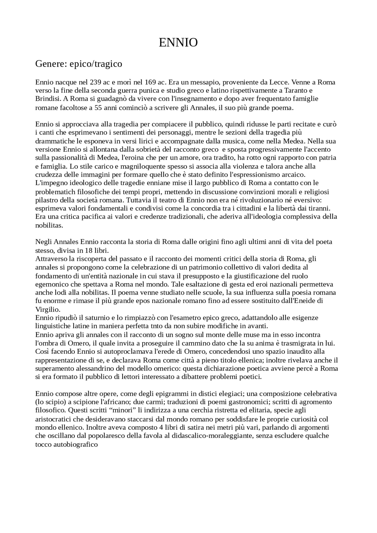 Riassunto Ennio Letteratura Latina Docsity