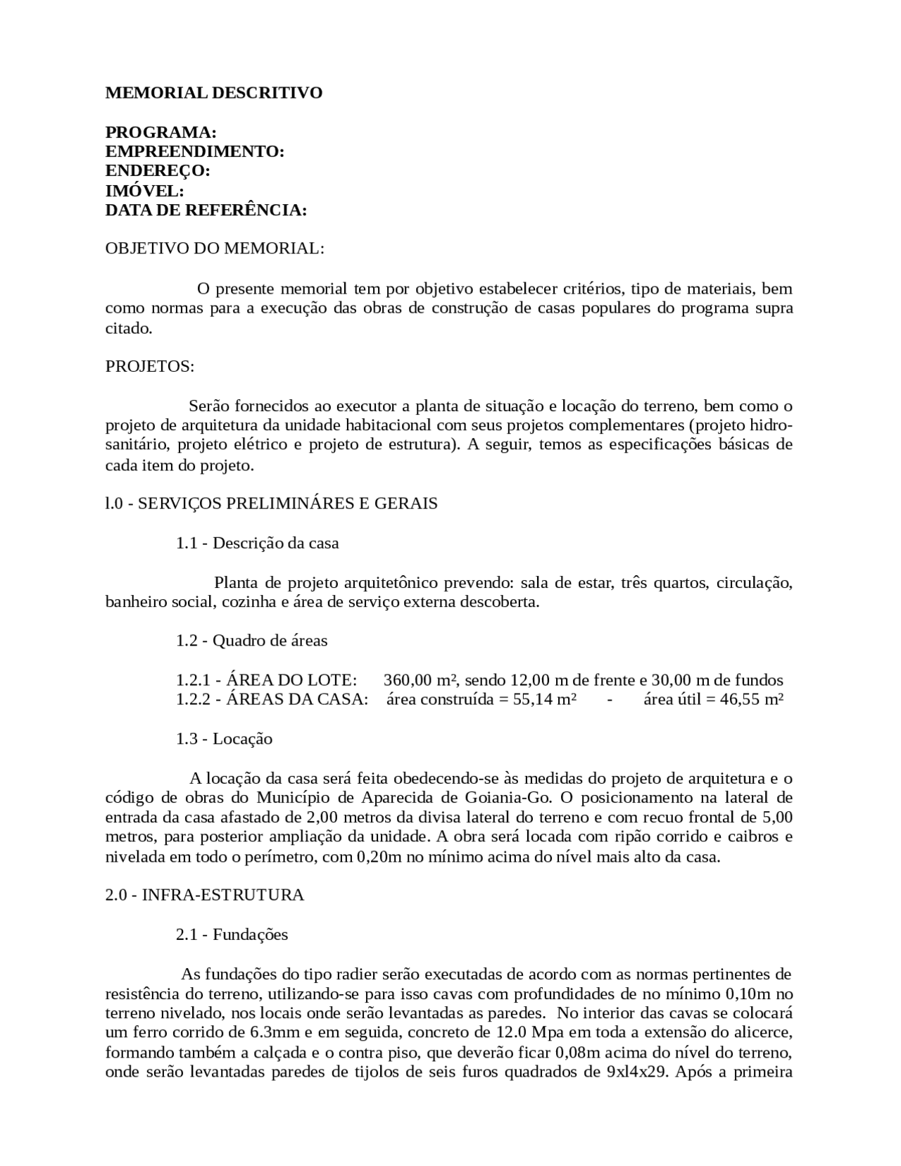 Modelo de Memorial Descritivo - Projeto Arquitetônico - Docsity