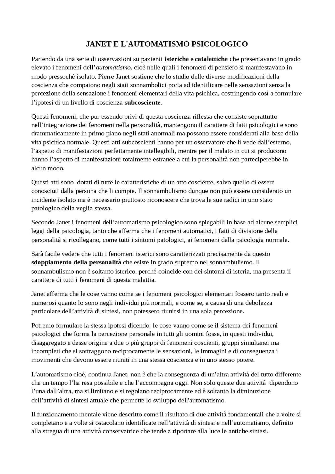 Janet e l'automatismo psicologico - Docsity