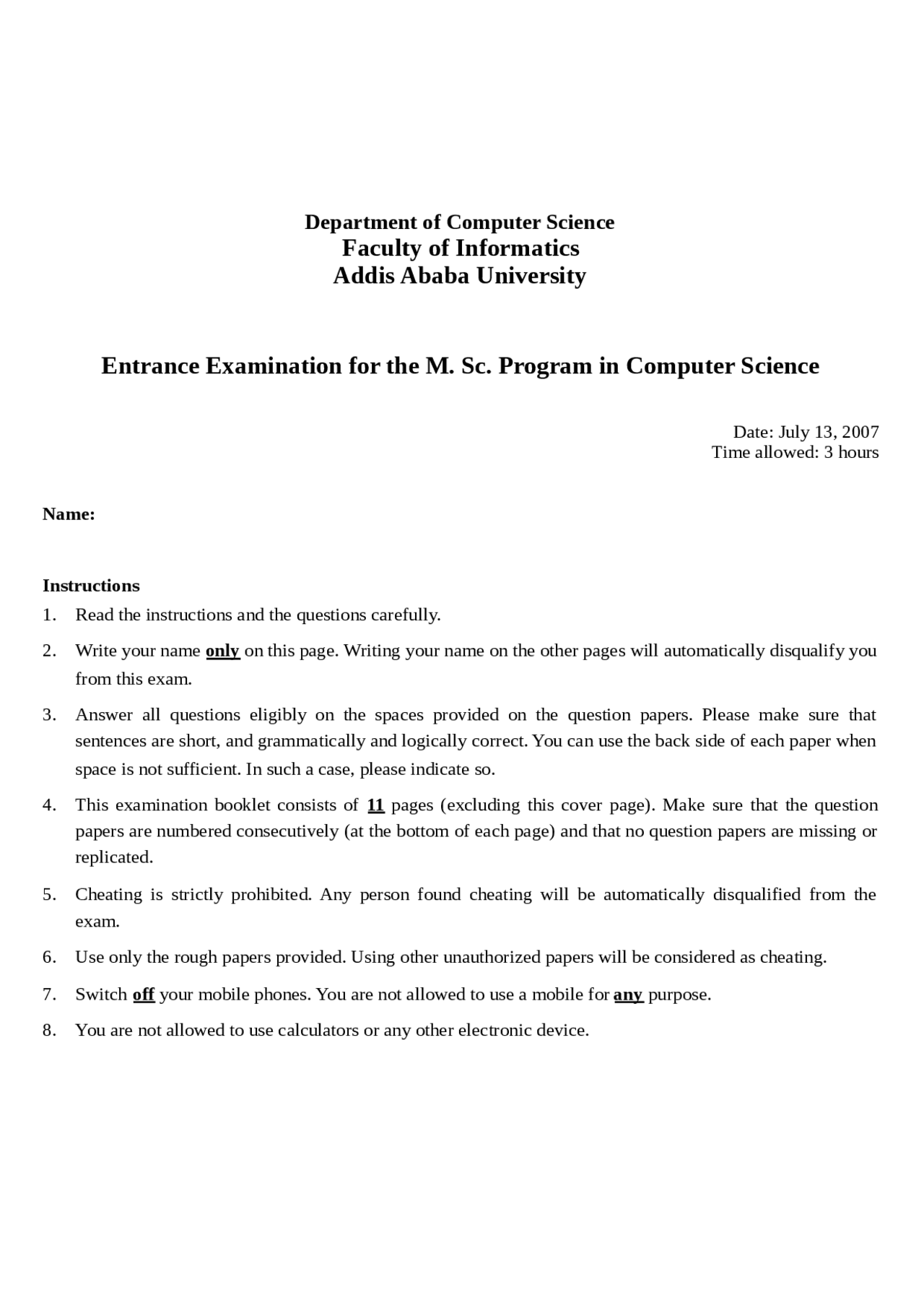 Computer science master program entrance exam | Exams Programming ...